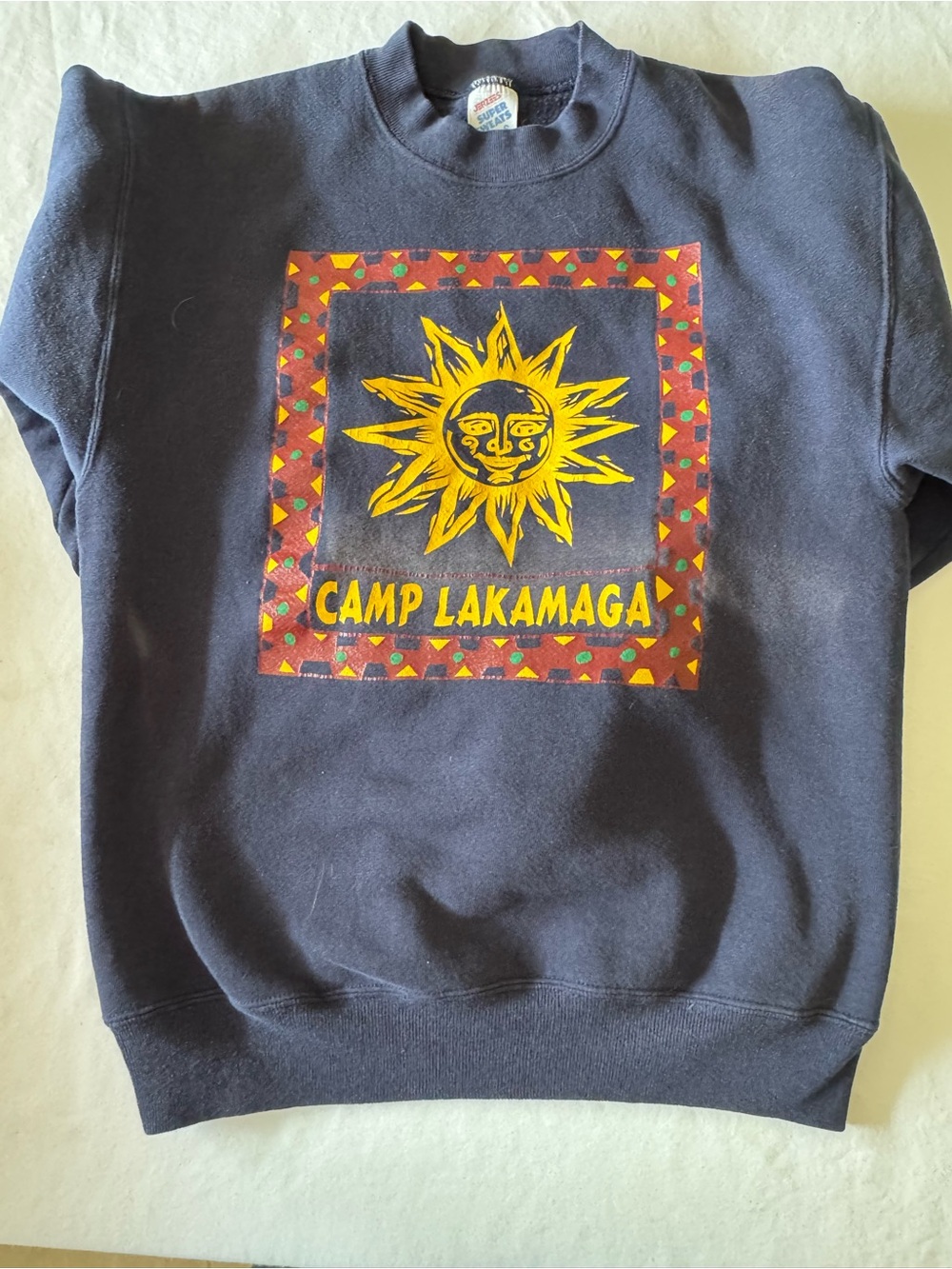 Vintage Camp Lakamaga Pullover Jerzees Sweater Sunburst Navy Blue Unisex Small